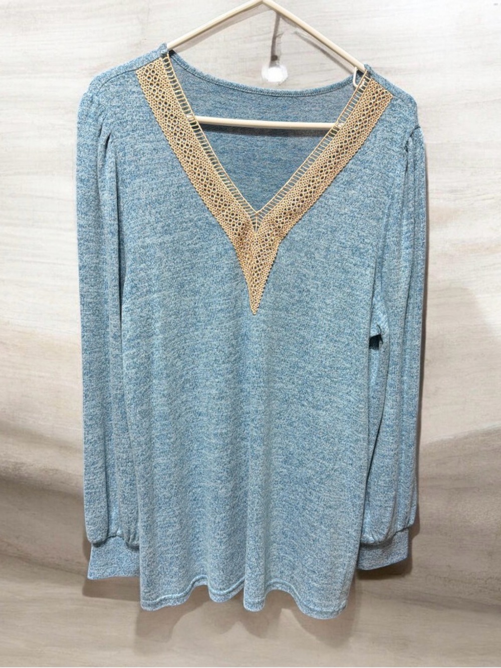 Light Blue Crochet-Trim V-Neck Blouse NWOT